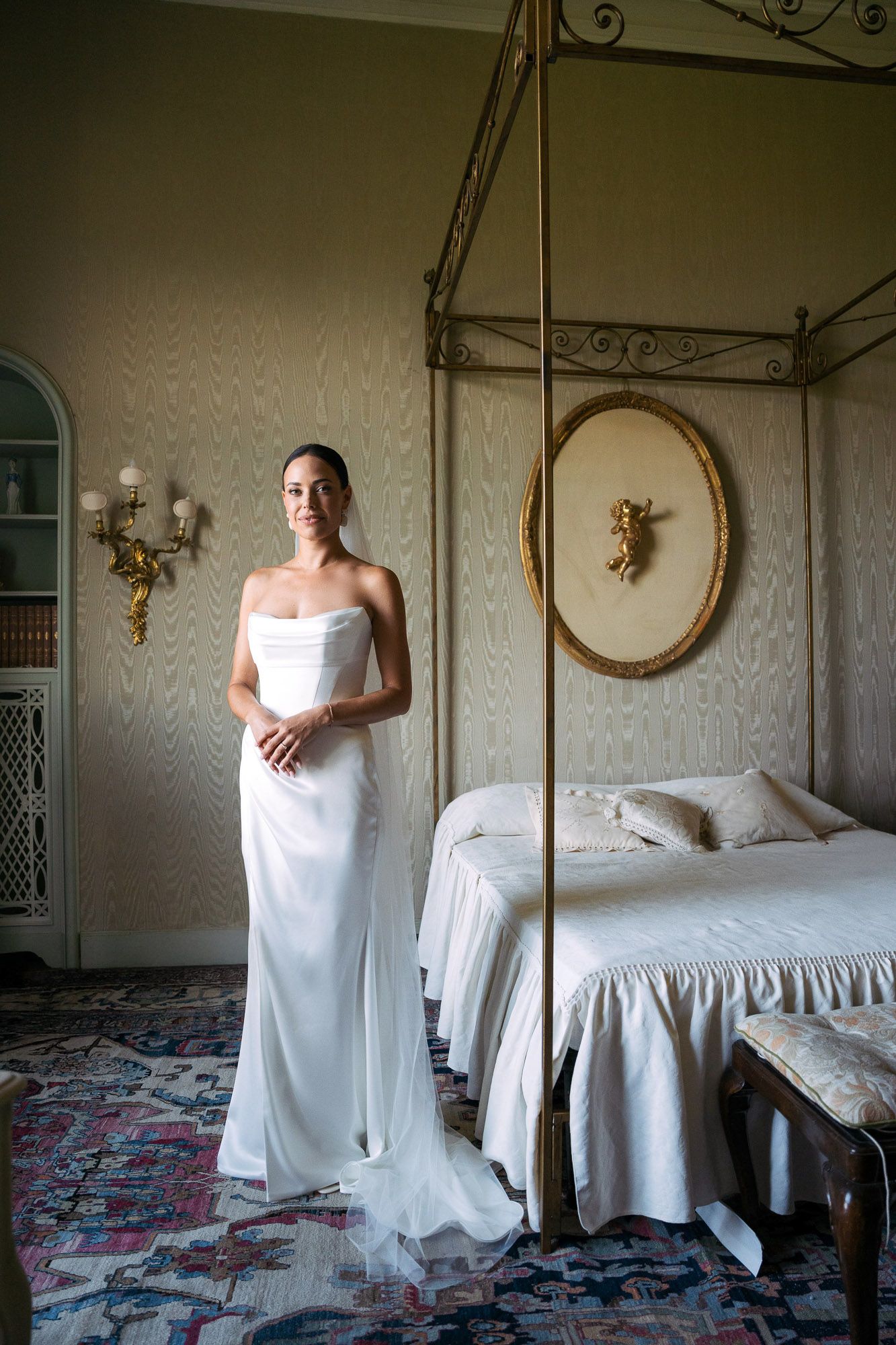 A series of photos showing someone in a white dress standing in an elegant room with ornate wall decor.