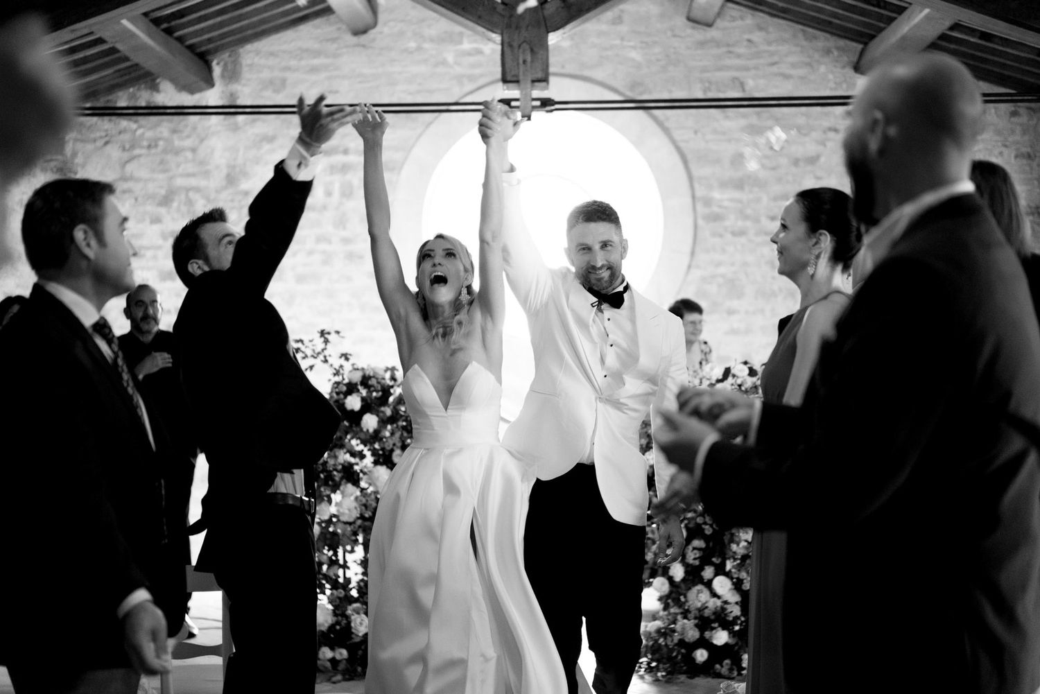 A wedding ceremony montage showing multiple black and white photos of couples exchanging vows at the altar.