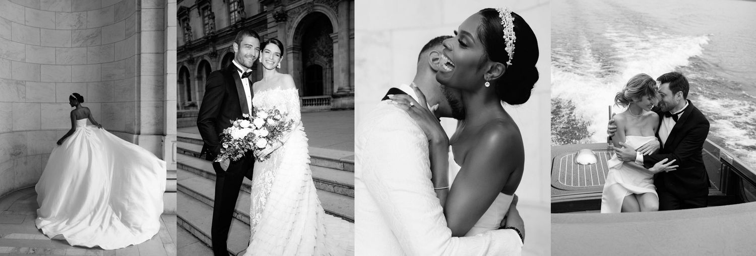 A romantic black and white wedding photo collage showing tender moments between couples during their special day.