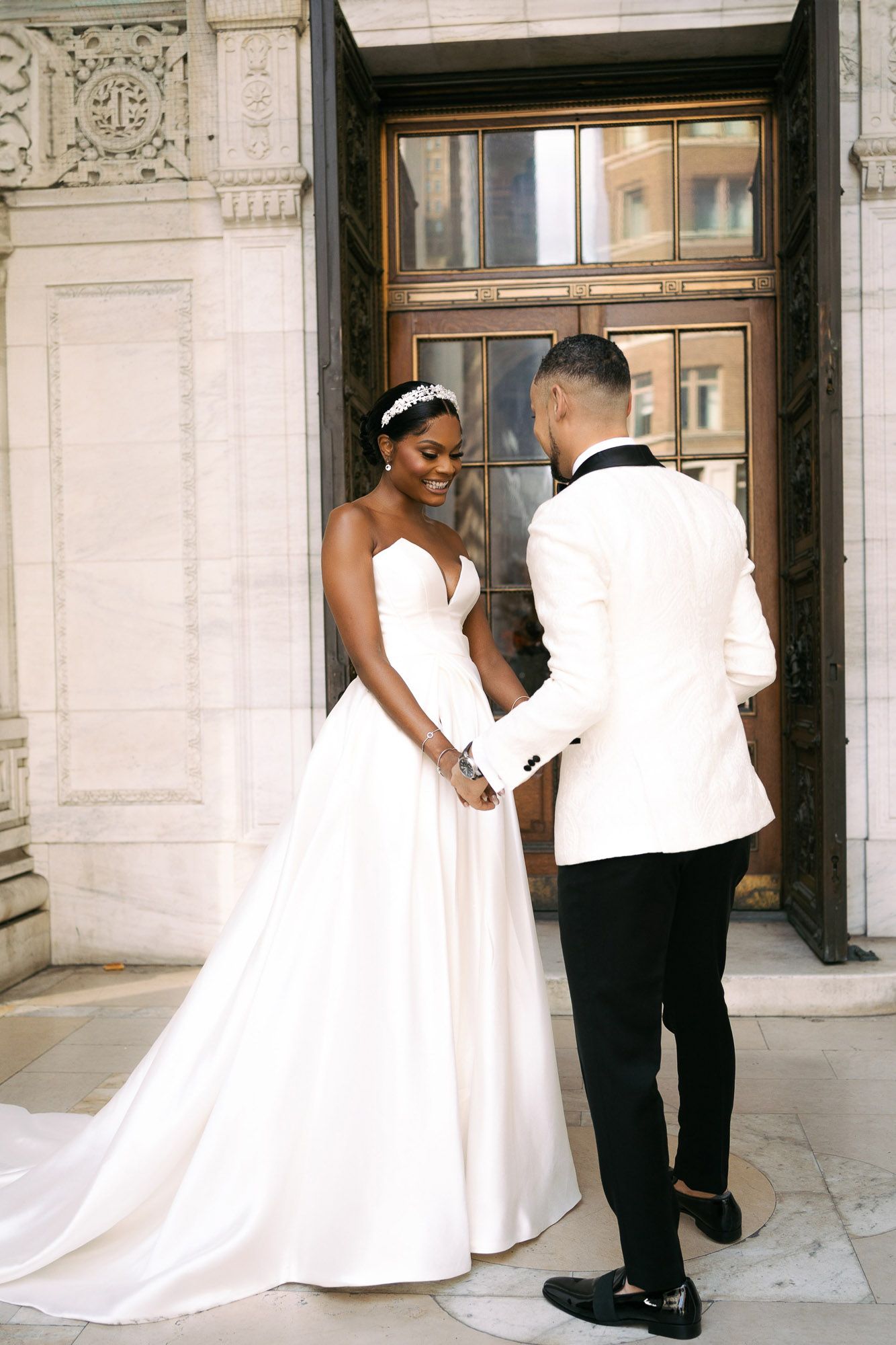 A romantic wedding photo sequence showing a bride in a white gown and groom in formal wear against an ornate stone wall.