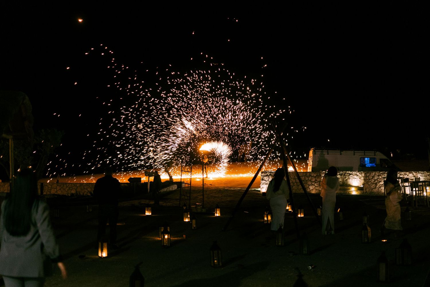 Bright fireworks illuminate a dark night sky above silhouetted trees and buildings.
