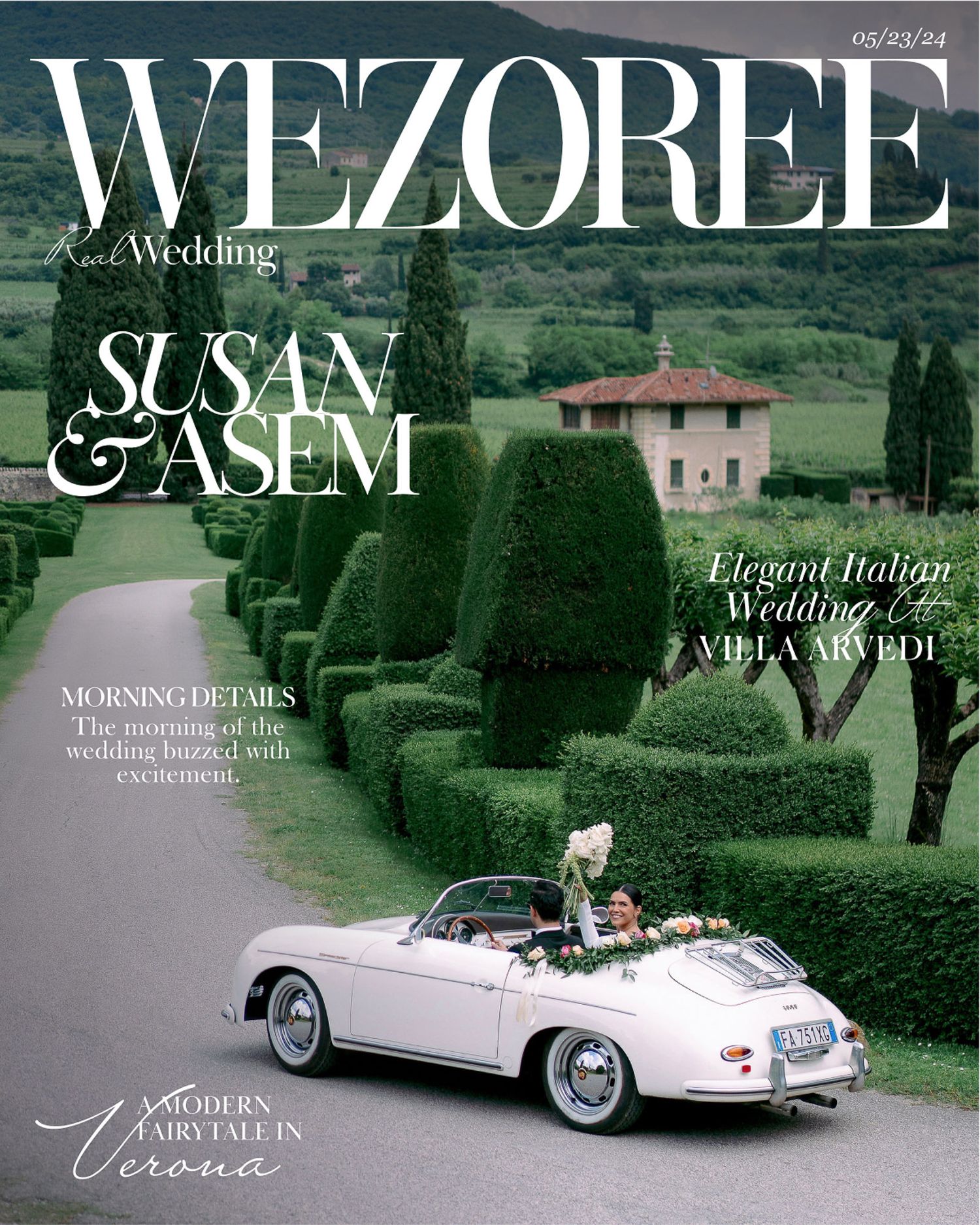 Wedding magazine cover featuring a vintage pink convertible car on an elegant Italian estate with manicured hedges.