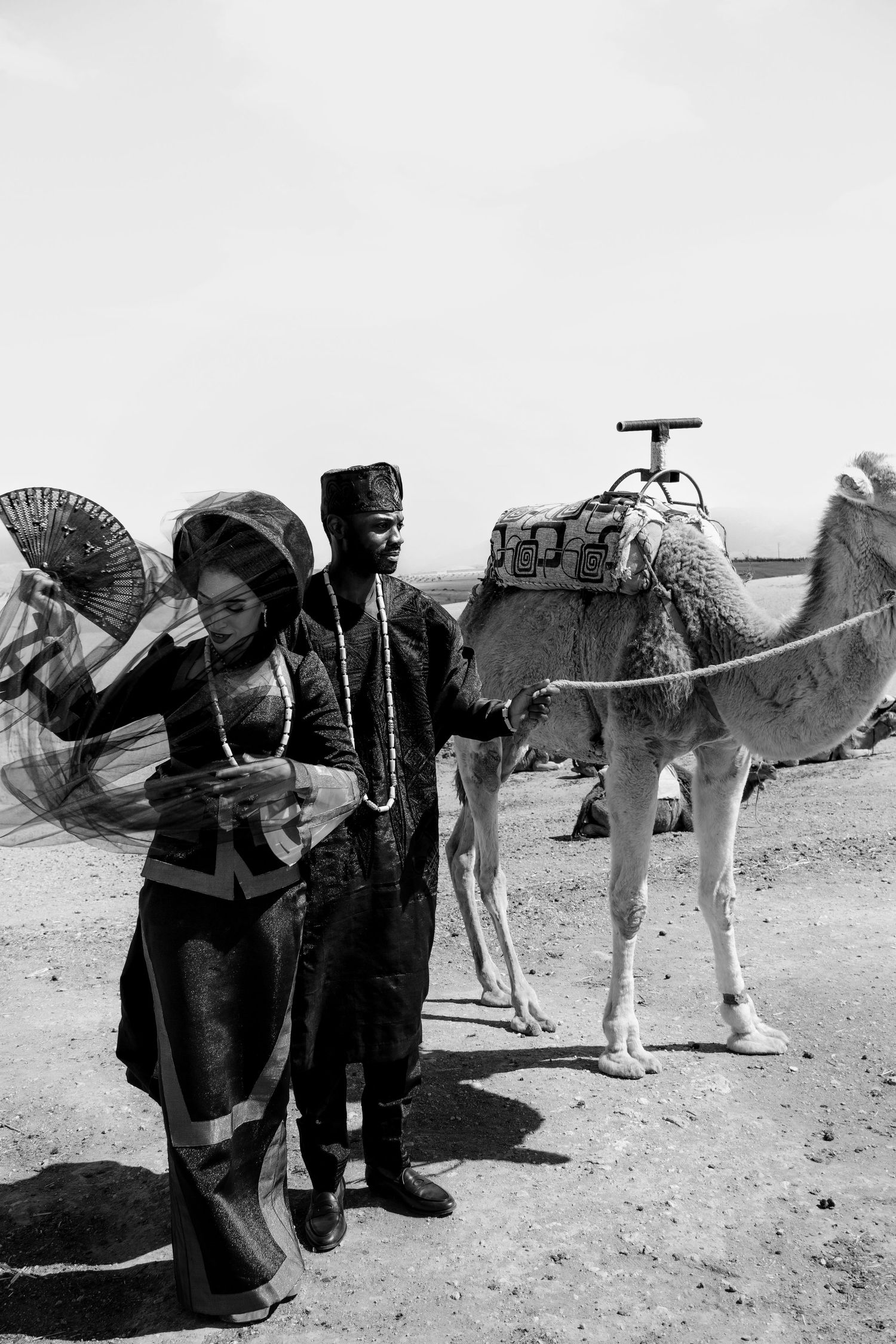 Vintage black and white photo of travelers with loaded camels in a desert landscape.