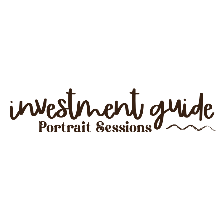 Handwritten text in brown ink showing 'Investment Guide' and 'Portrait Sessions' with decorative elements.