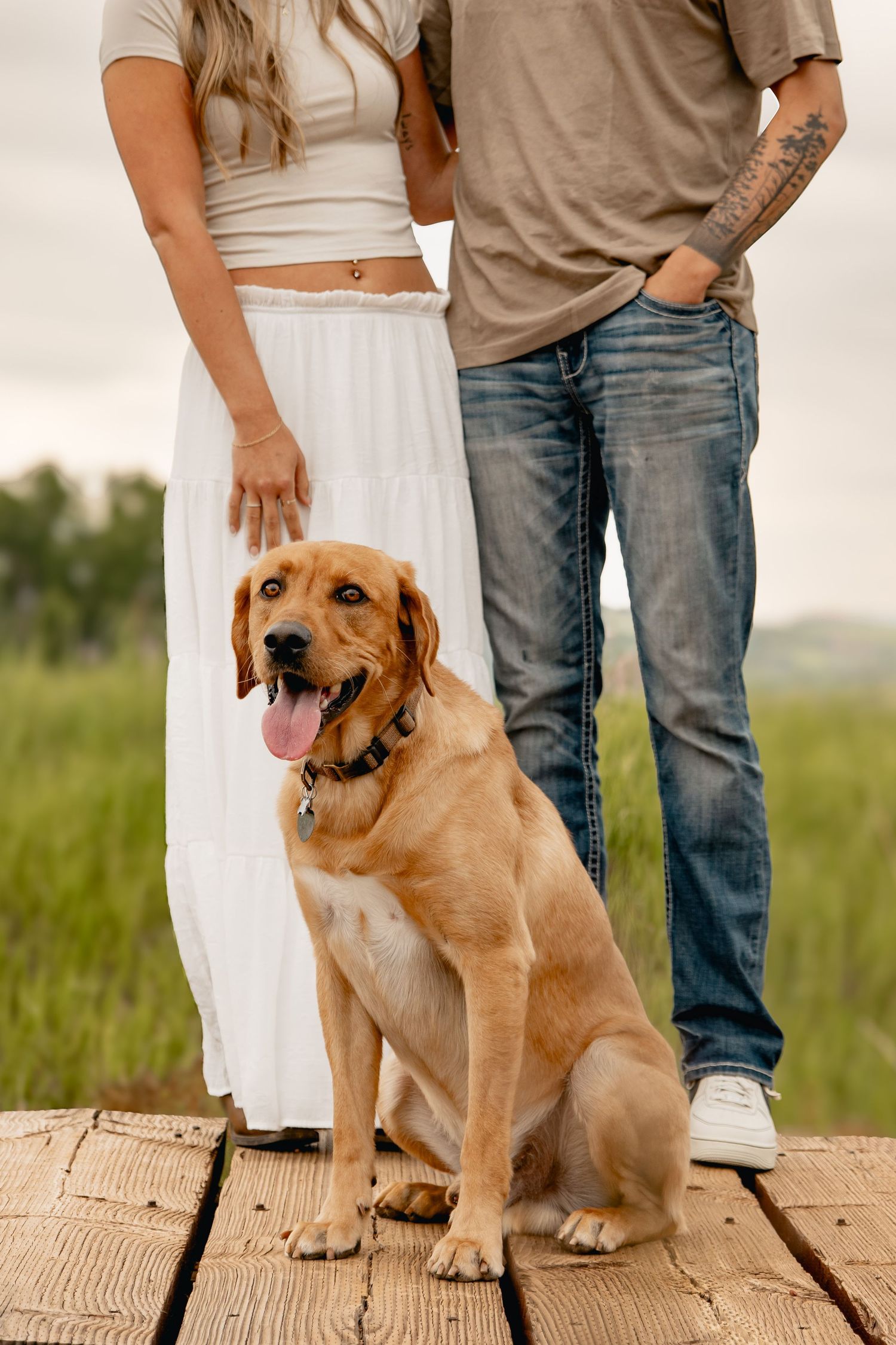 A golden retriever dog sits on a wooden deck with two people in casual attire standing nearby.