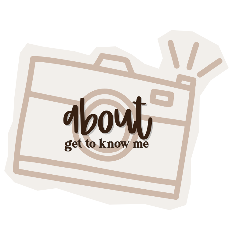 A decorative header image with icons showing social media, camera, and 'get to know me' text in neutral tones.