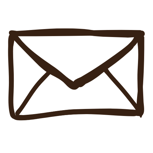 Simple hand-drawn brown envelope icon with diagonal lines forming a classic mail symbol against white background.
