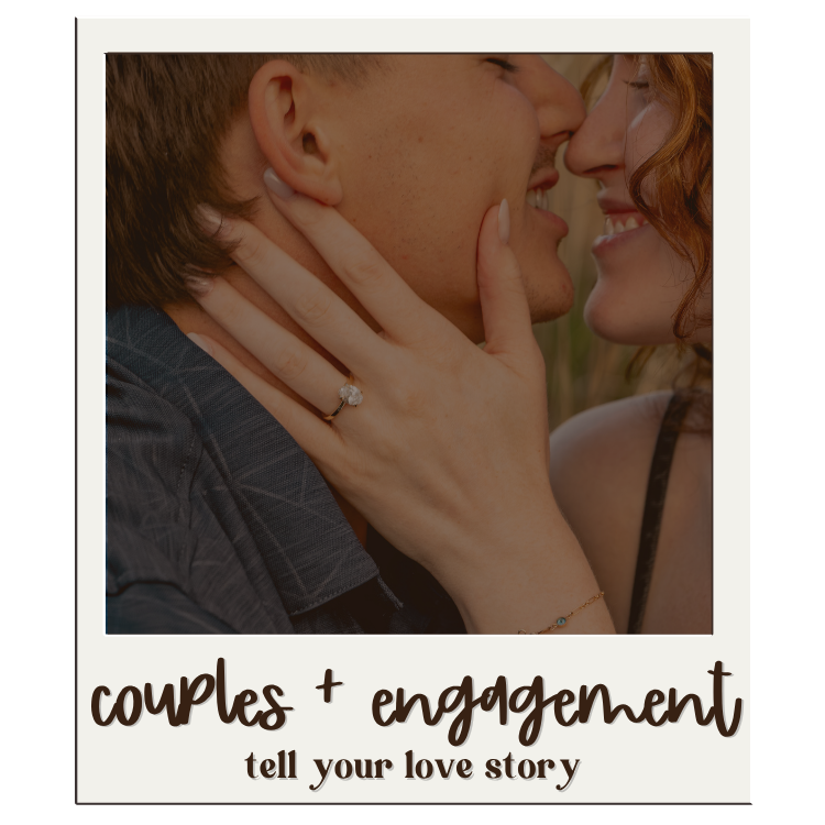 A romantic polaroid-style photo showing an intimate moment between a couple with an engagement ring visible.