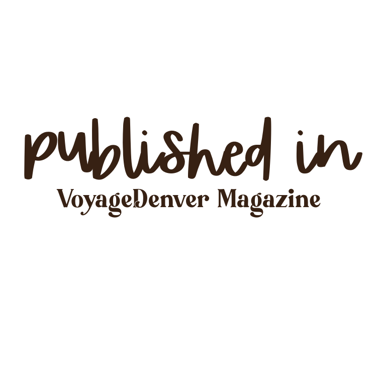 A magazine page header showing text 'published in' and 'VoyageDenver Magazine' in brown handwritten and serif fonts.
