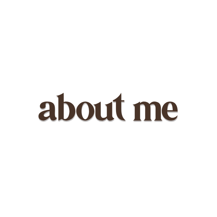Brown serif text reading 'about me' on a clean white background, minimalist typography design.