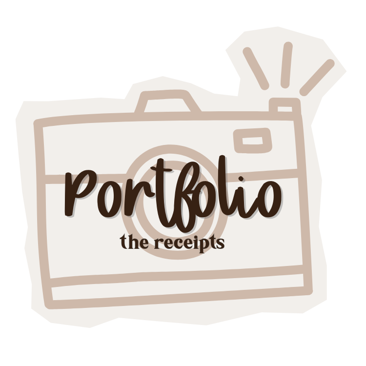 Sketched icons of portfolio elements including receipts and documents in a minimalist brown line art style.
