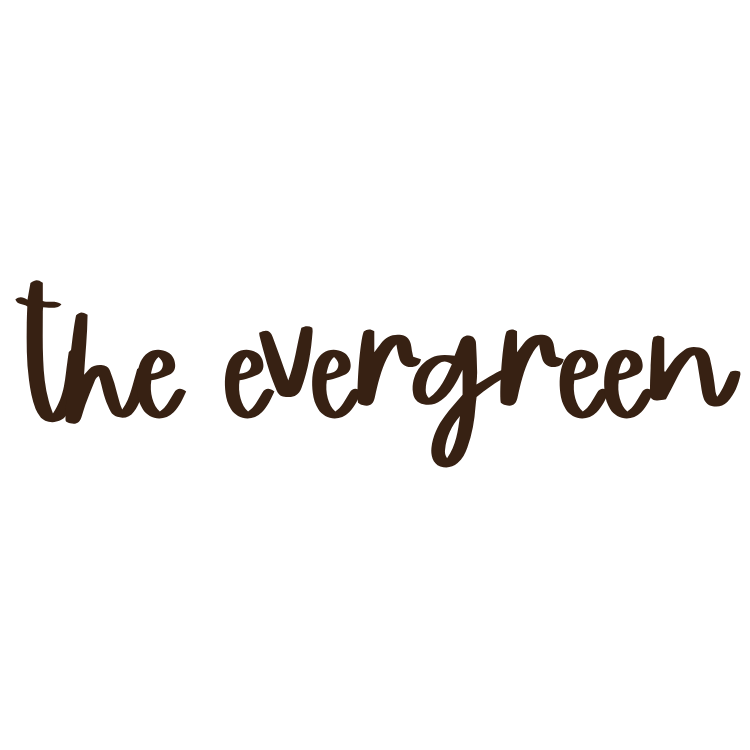 Handwritten text in dark brown ink reads 'the evergreen' in a casual script style against a white background.