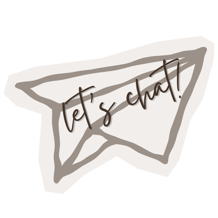Paper airplane sticker with cursive let's chat text in brown tones on white background.