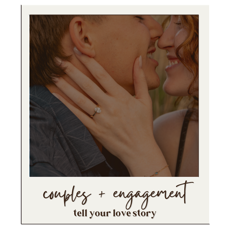 Couples and engagement photography polaroid featuring a close-up of a woman showing her ring while leaning in for a kiss.