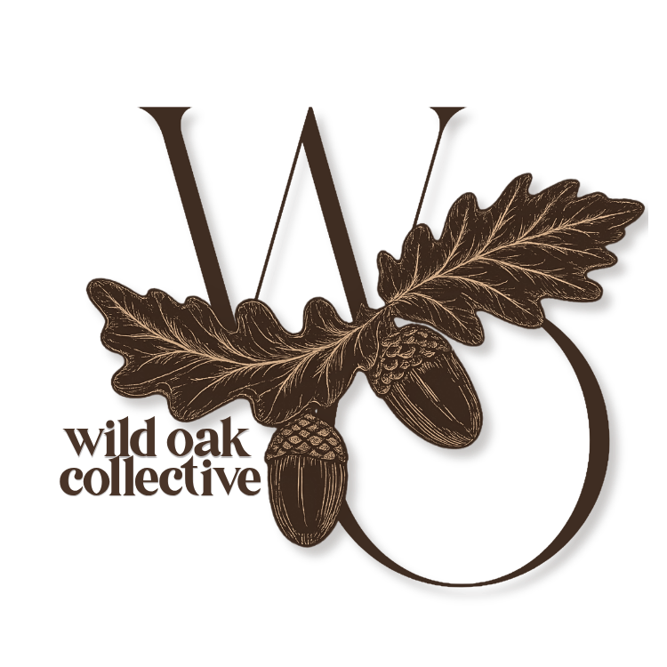 Wild Oak Collective logo featuring elegant WO monogram letters with illustrated oak leaves and acorns in brown tones.