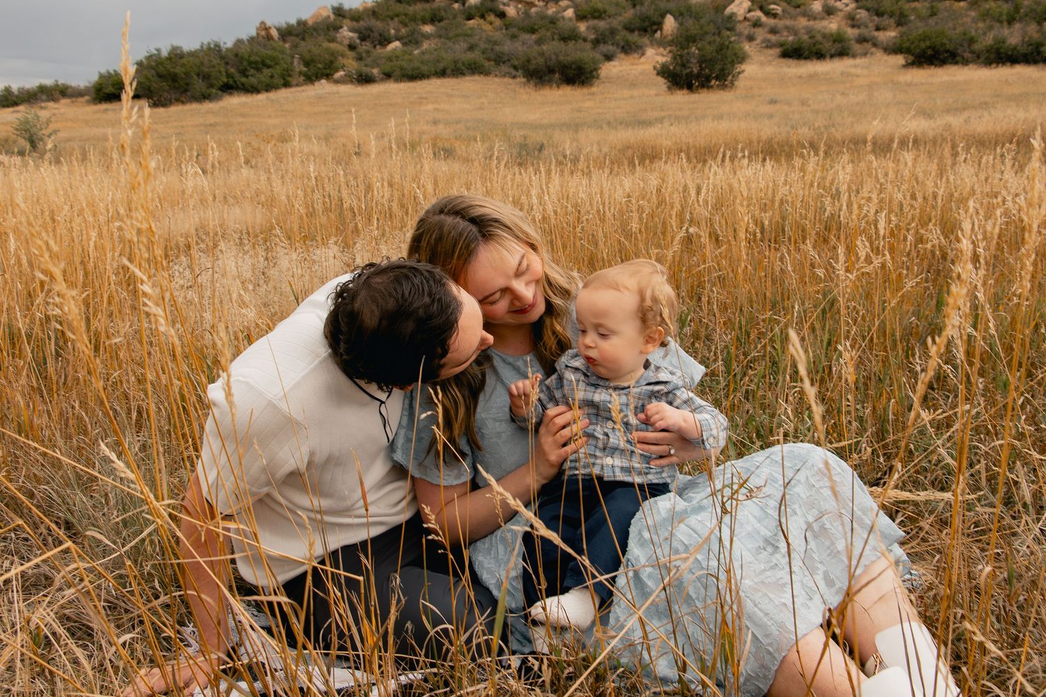 A heartwarming family moment captured in warm sunlight against a golden field of tall grass at sunset.