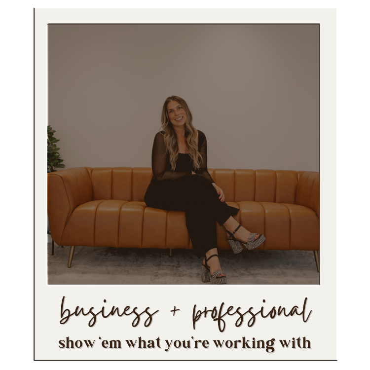 Woman in black outfit sitting on a tan leather sofa with business and professional text overlay.
