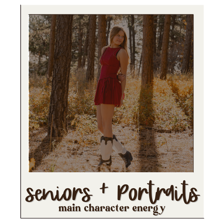 Vintage-style polaroid photo shows someone in a red dress standing in a sunlit forest with autumn foliage.