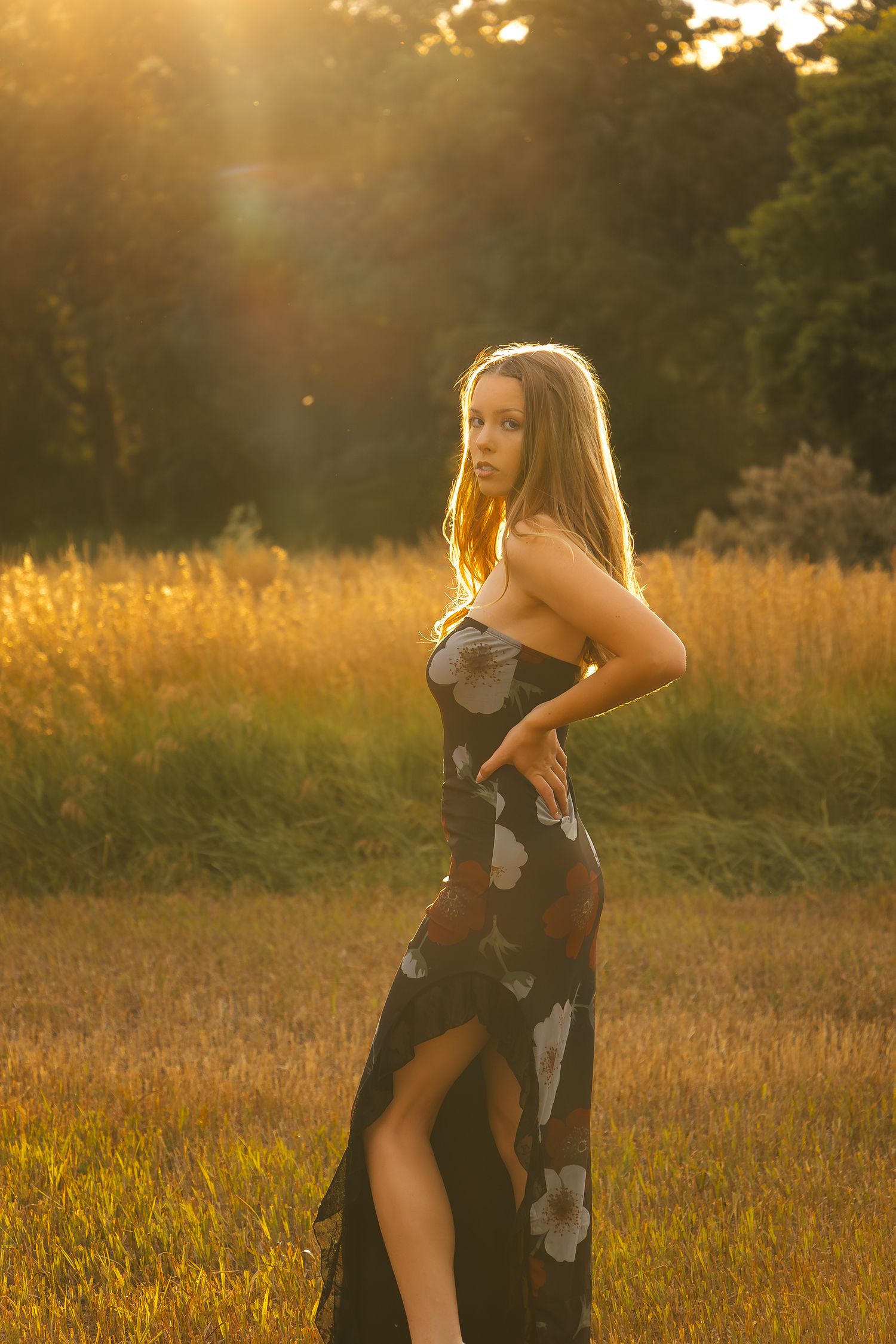 A person in a black dress dances gracefully through a golden field at sunset creating a dreamy silhouette.