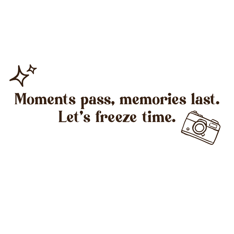 Three decorative text elements about moments and memories with a camera icon and sparkle design in brown tones.