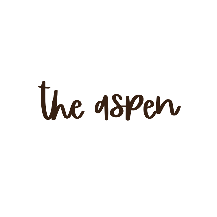A handwritten text saying 'the aspen' in brown ink on white paper.