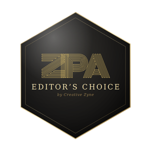 ZIPA Editor's Choice award badge by Creative Zyne, gold hexagon logo on black background.