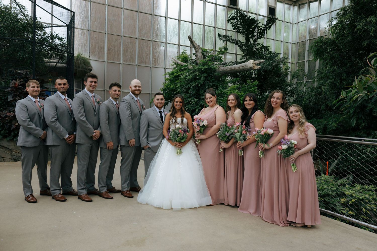 Wedding party poses in greenhouse, groomsmen in gray suits and bridesmaids in dusty rose gowns flanking bride and groom.