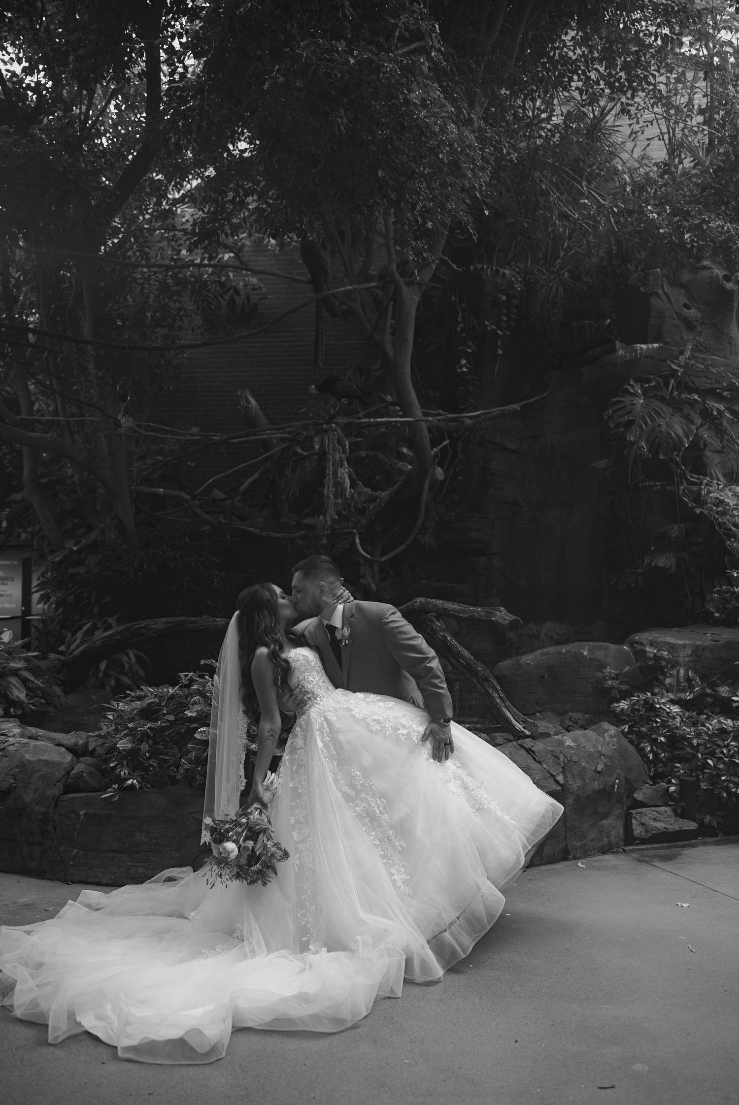 Black and white photo of bride and groom sharing a romantic kiss surrounded by lush trees and rocks.