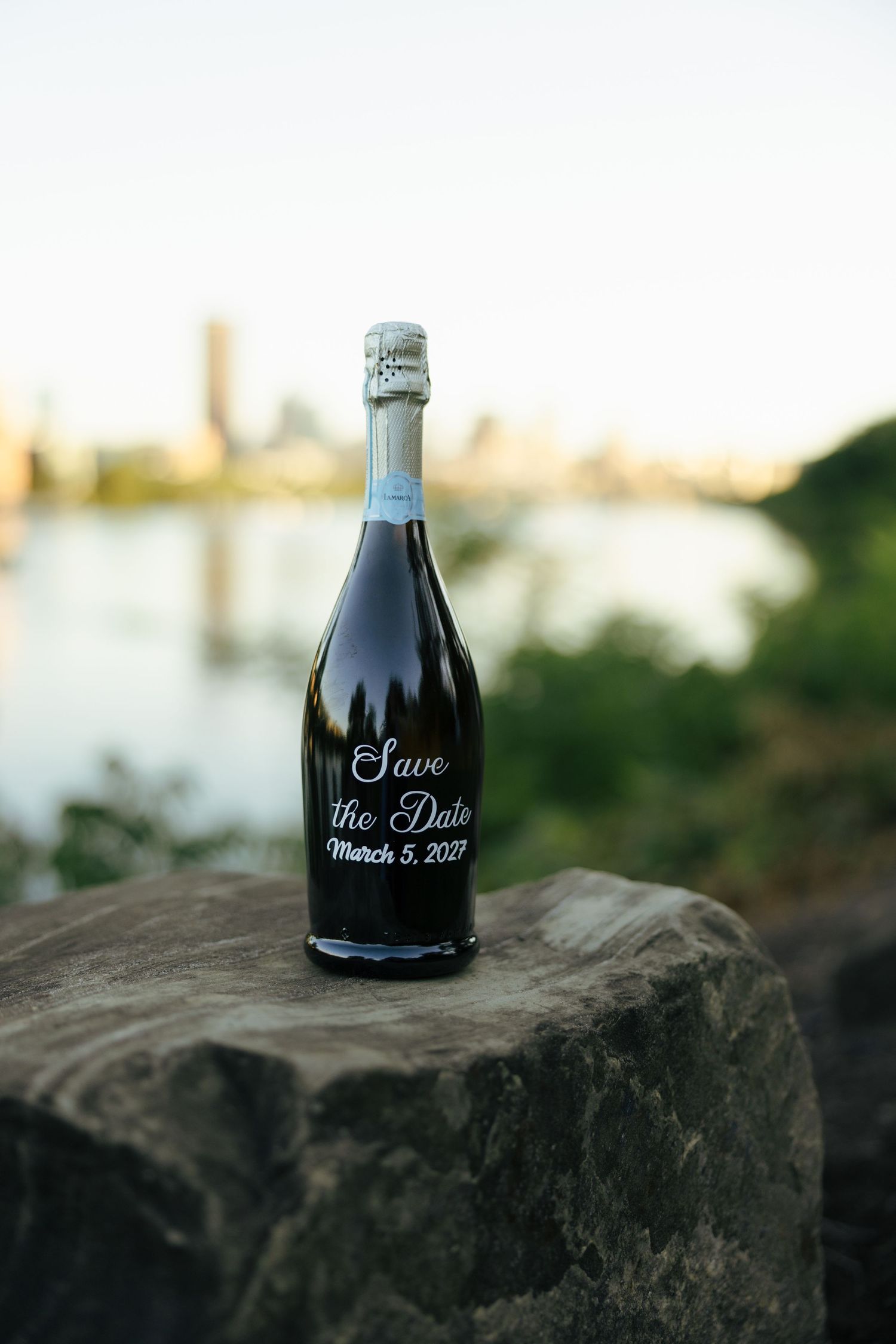 Save the Date March 5 2027 engraved champagne bottle on rock with city skyline backdrop.