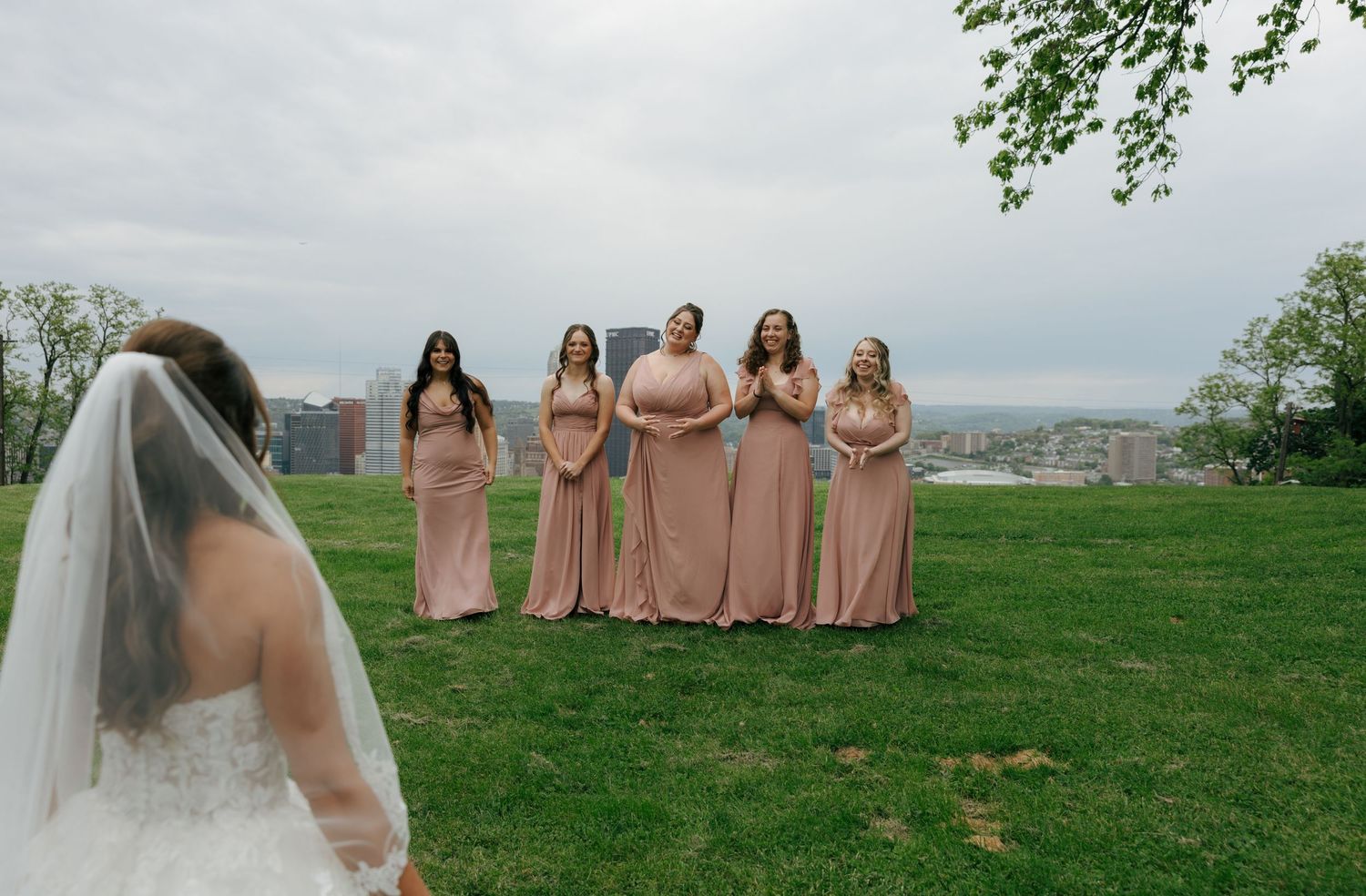 Bride in white gown and veil faces five bridesmaids in pink dresses on green hillside with city skyline backdrop.