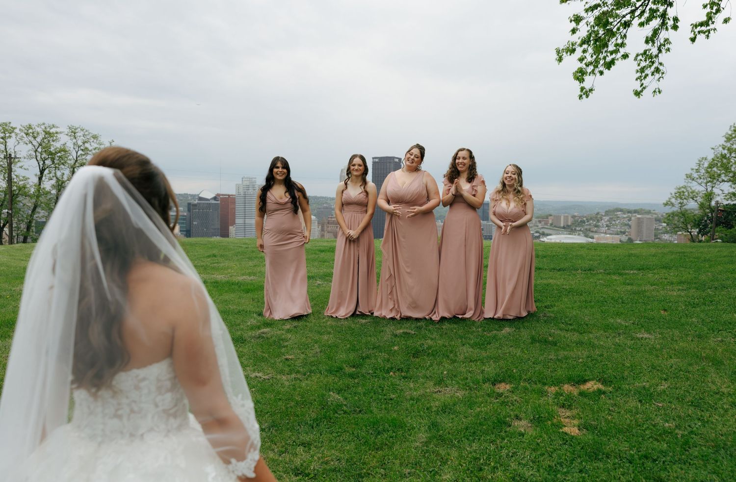 Bride in white gown and veil faces bridesmaids in dusty rose dresses on green lawn with city skyline backdrop.