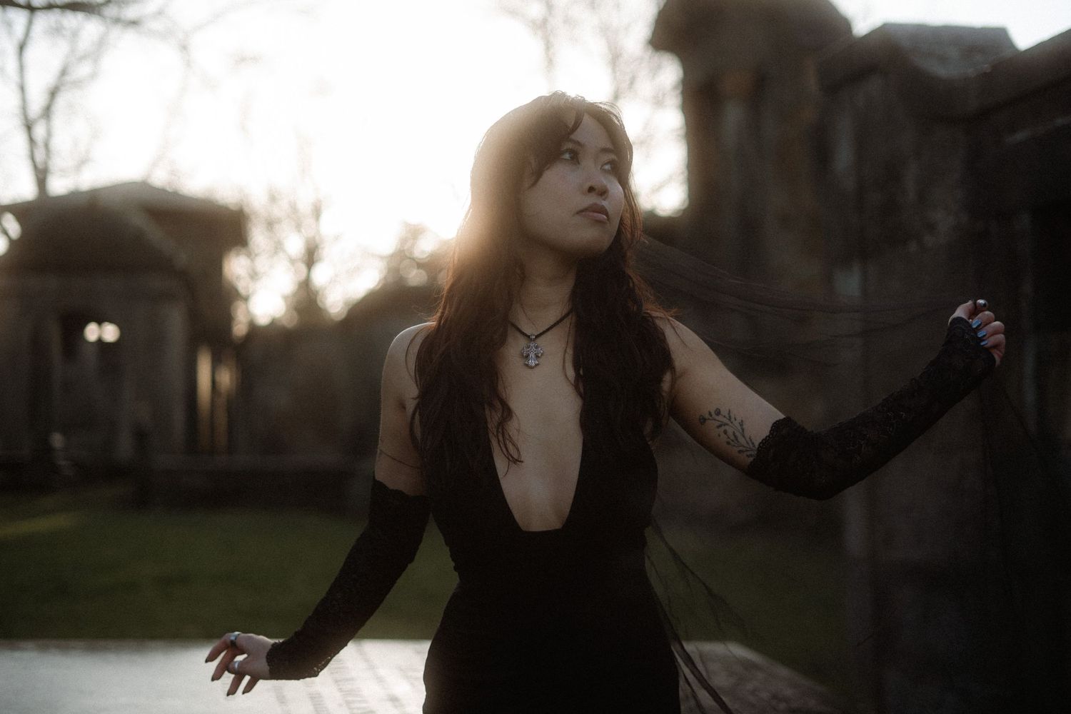 A series of moody outdoor portraits with a person in silhouette against a dramatic sunset sky.