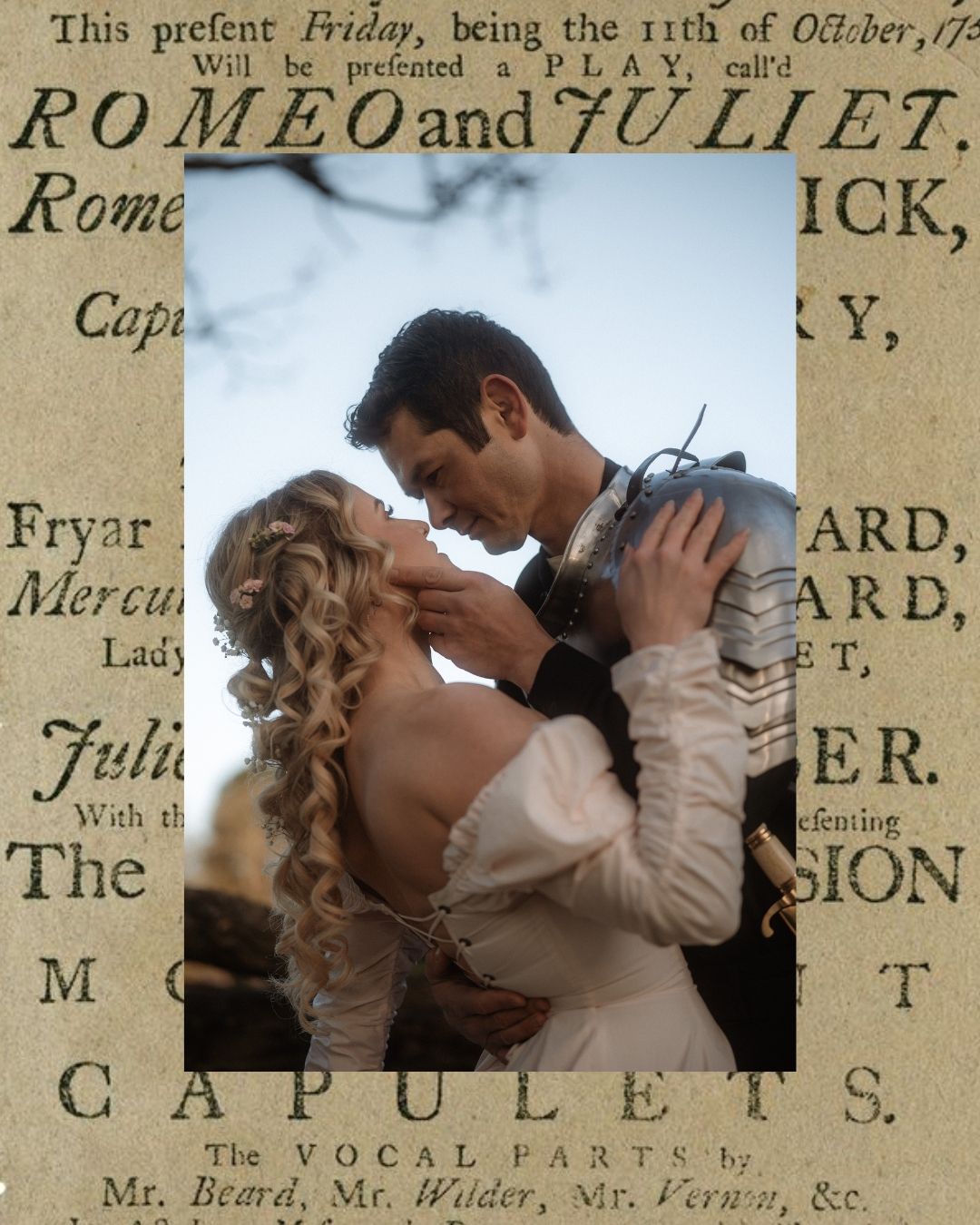 Romantic couple in period costume embracing, framed by vintage Romeo and Juliet playbill text.