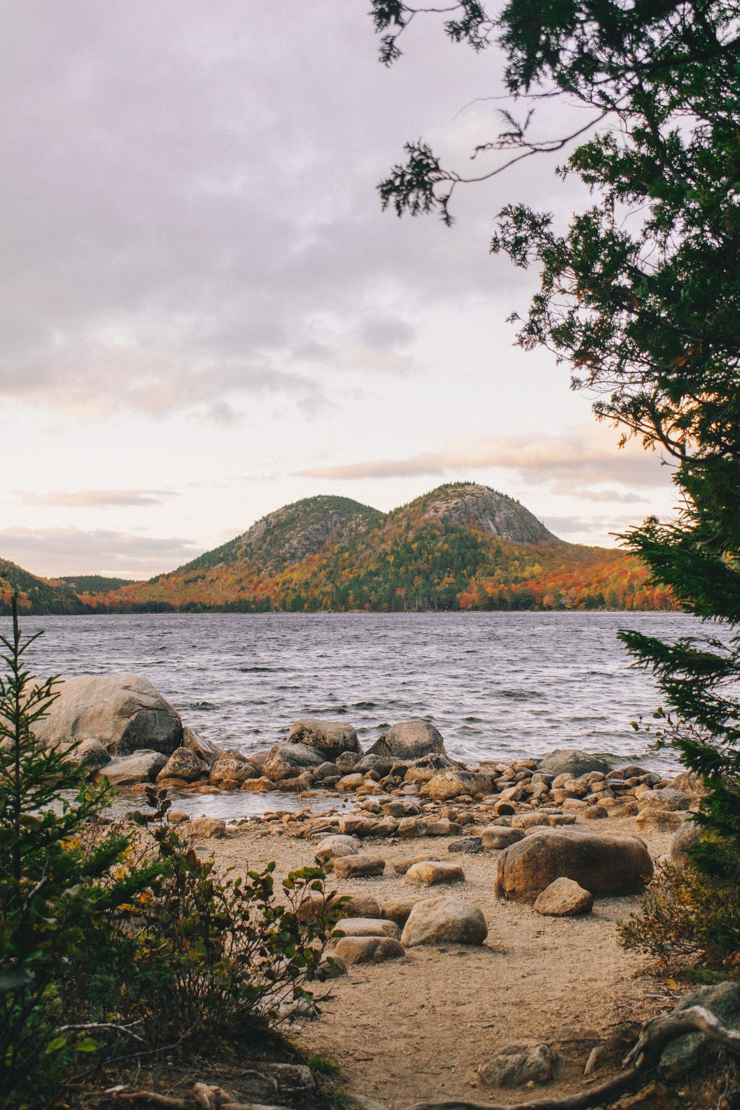 Jordan Pond landscape photograph in Acadia National Park, Maine, featuring calm water, forest, and mountain scenery.