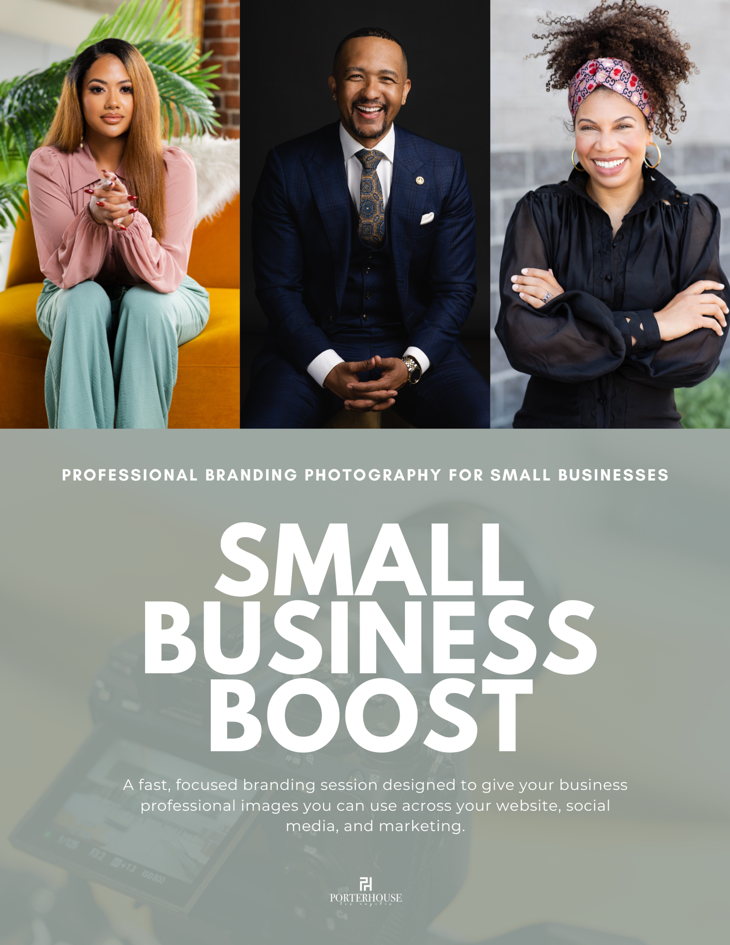 Professional marketing brochure cover showing three business portraits with text for Small Business Boost services.