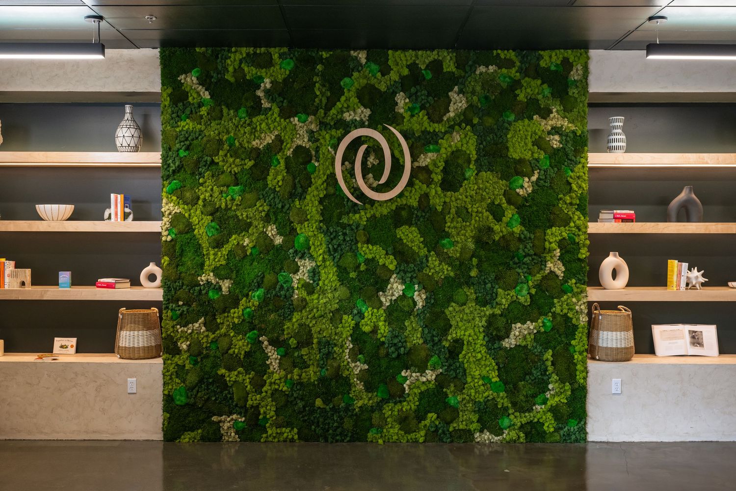 Modern shelving display with green plant wall accent.