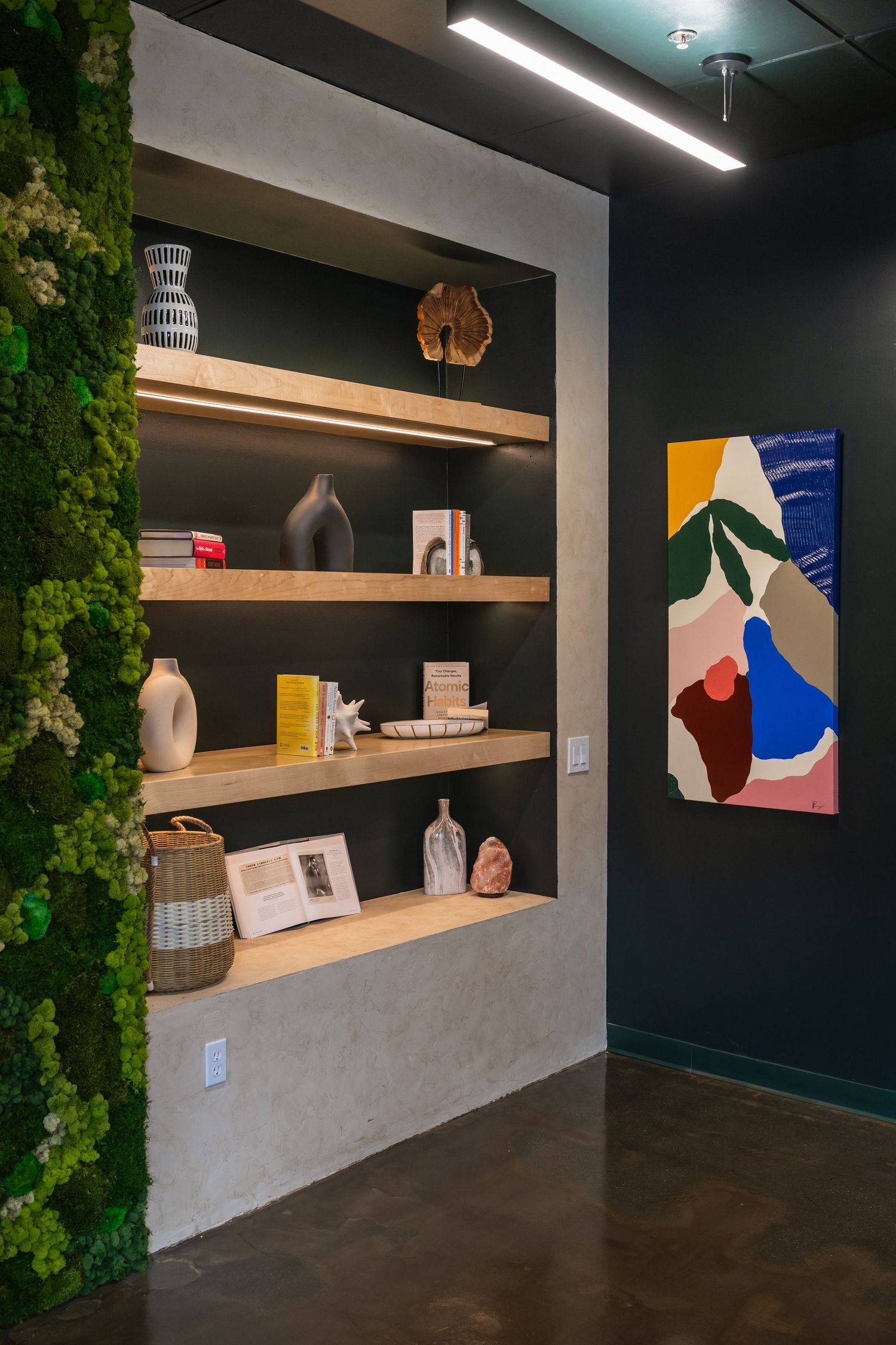 Modern interior shelving display with artwork and decorative items against a dark wall with green plant accents.