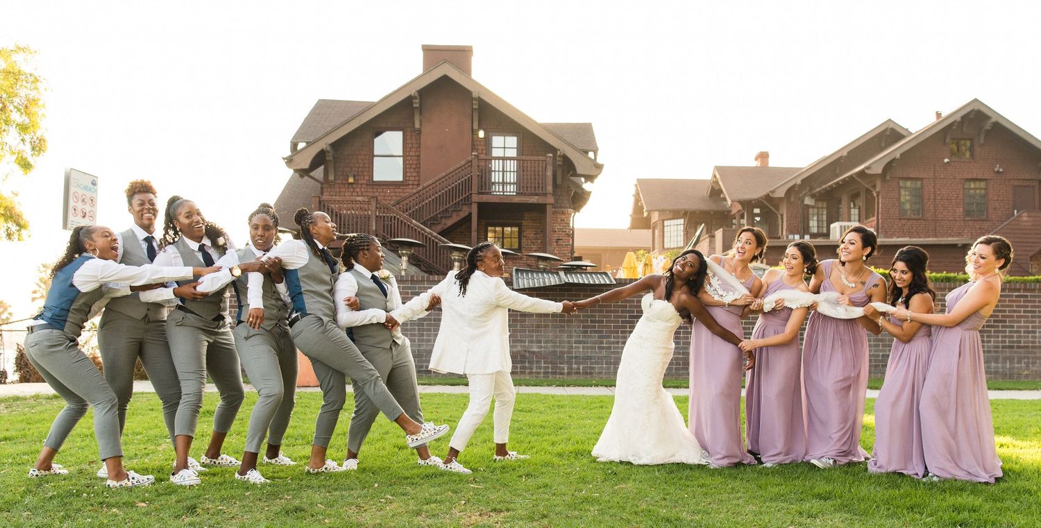 A collage of five wedding photos showing outdoor celebrations with rustic barn settings and bridal party group poses.