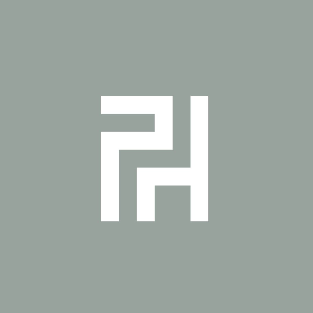 Modern PH monogram logo in white on a sage green background, featuring a geometric interlocking lettermark design.