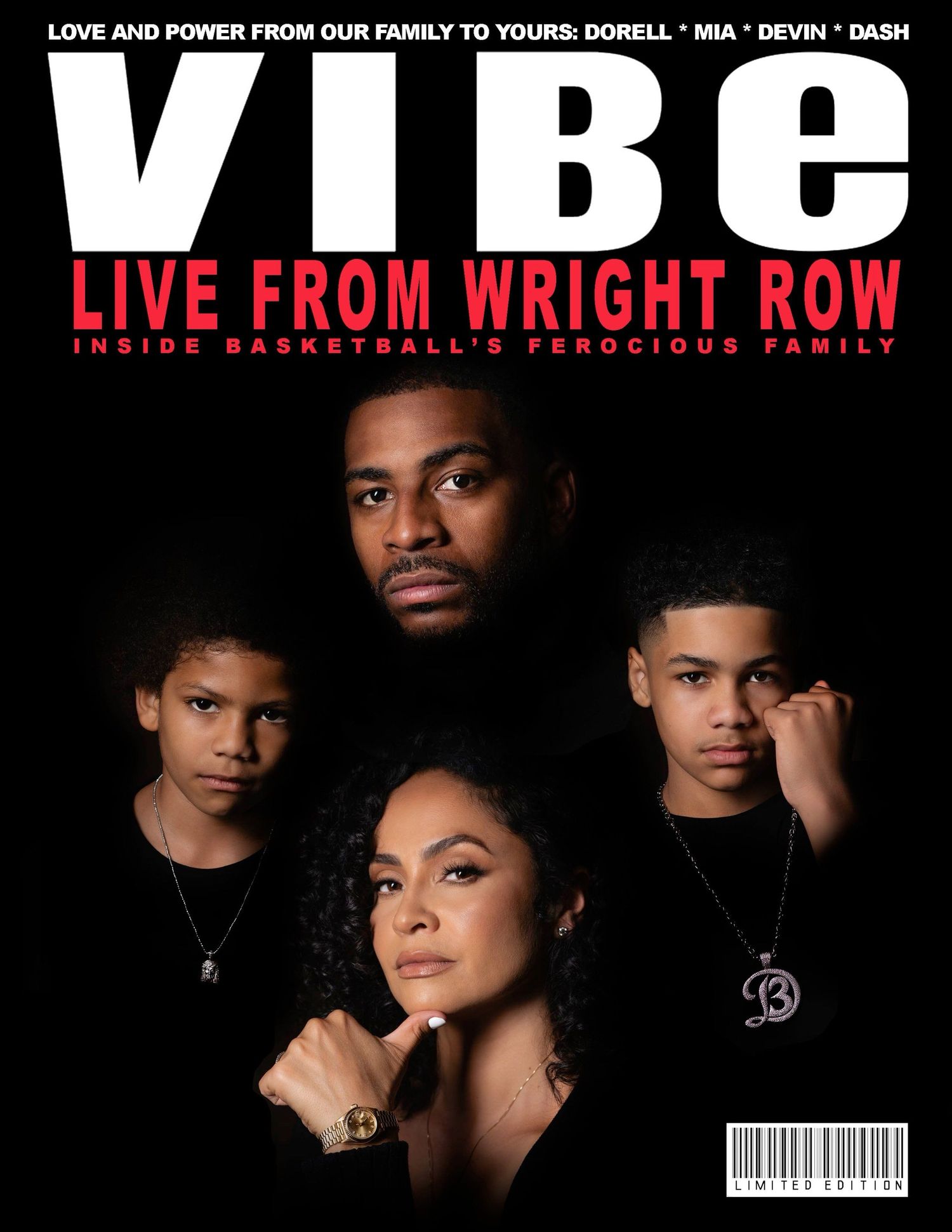 Stylish magazine cover featuring family portrait in black and white.