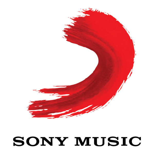 Red brushstroke logo design for Sony Music against white background.