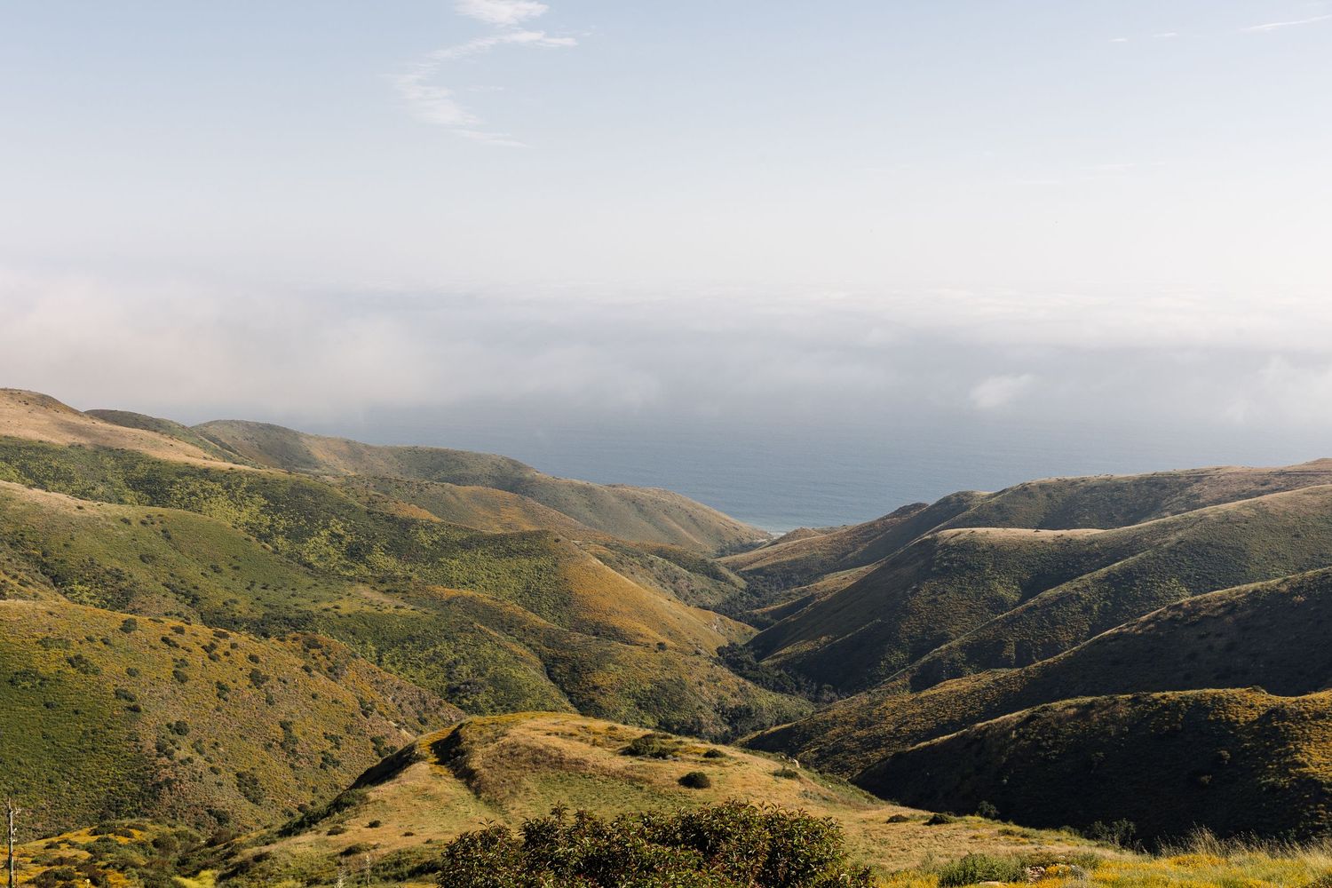 Scenic coastal mountain landscape with rolling hills descending to the ocean.