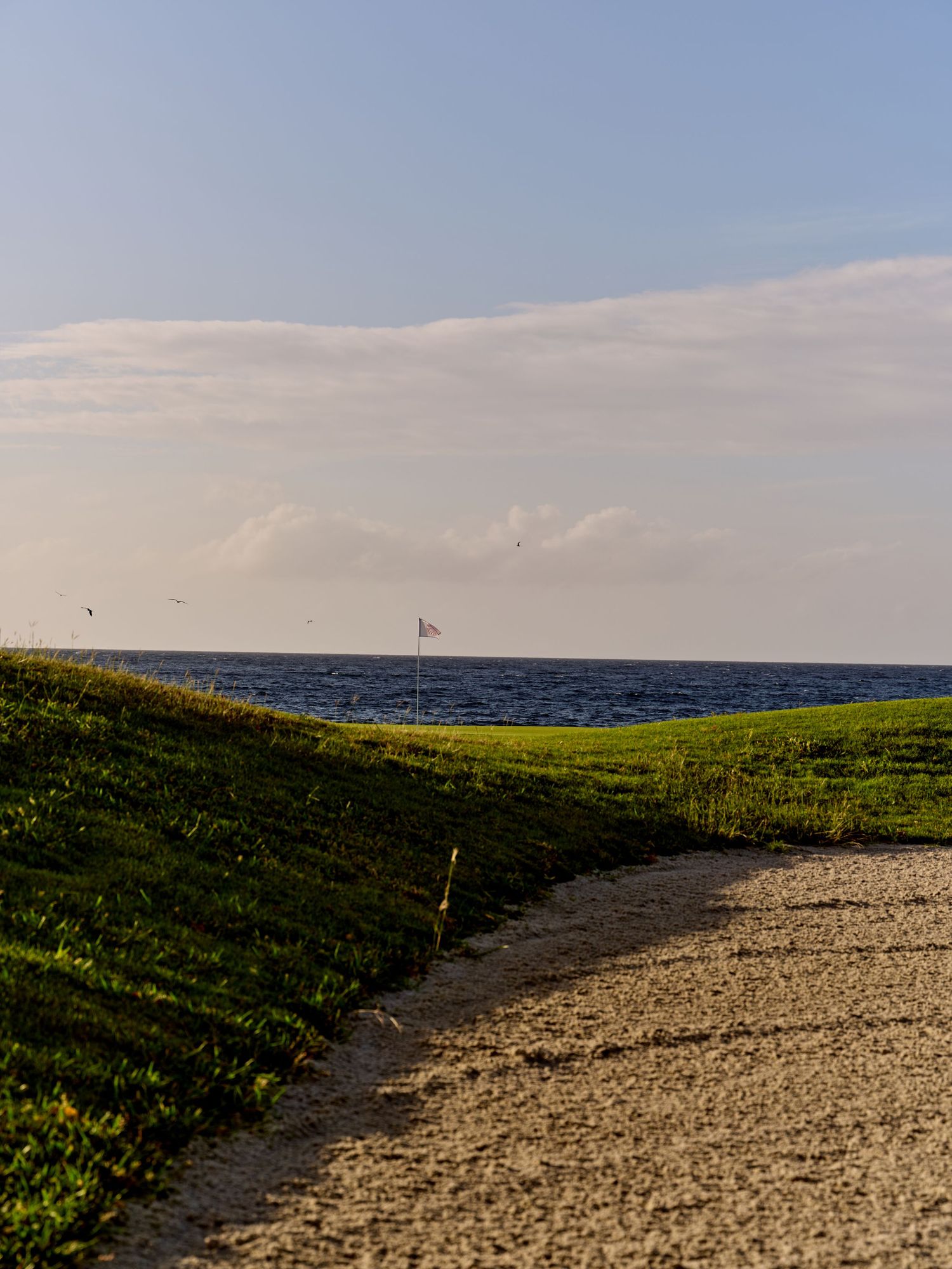 A winding path leads down a grassy slope to the beach with ocean and cloudy sky in the background.