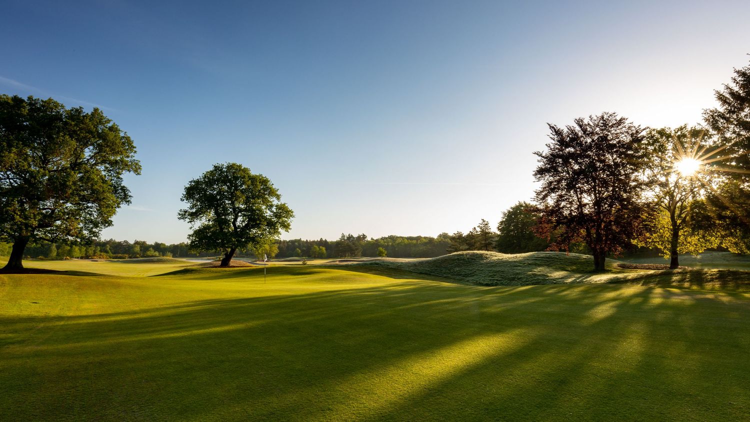 A panoramic view of a lush golf course at sunset with sunbeams streaming through trees and rolling green fairways.