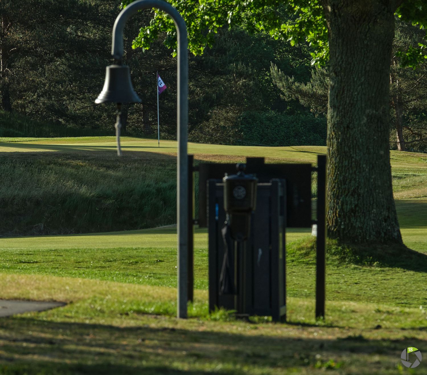 A bell post and trash can near a golf course green with a flag, surrounded by lush grass and trees.