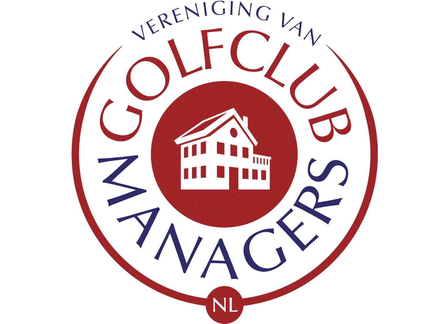 A row of circular golf club logos in red and blue colors featuring buildings and text designs.