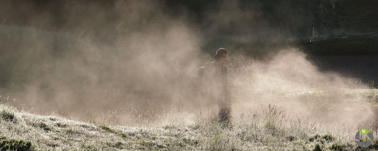 Person standing in a misty field surrounded by dust clouds in golden morning light.