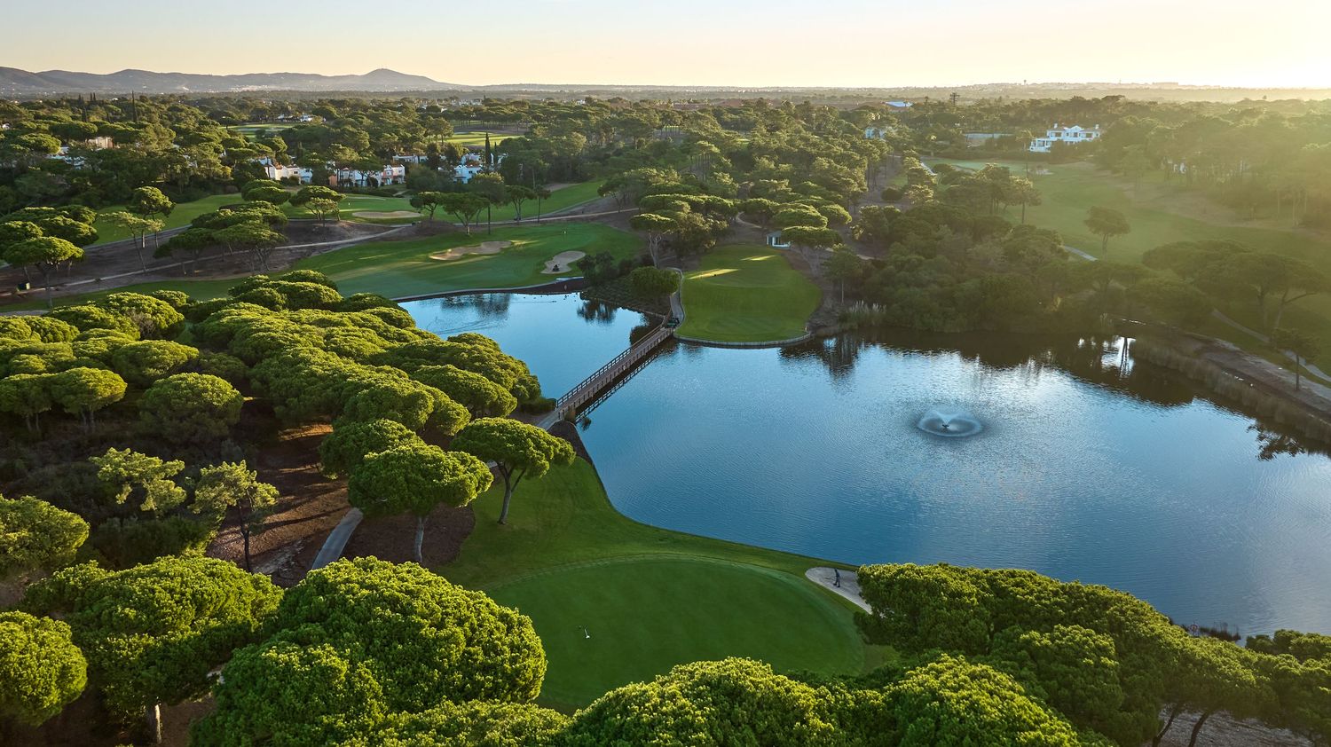 Aerial view of a lush golf course with a serene lake, bridge, and pine trees bathed in golden sunlight.