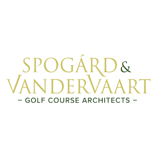 Gold text logo for Spogard & Vandervaart Golf Course Architects against white background.