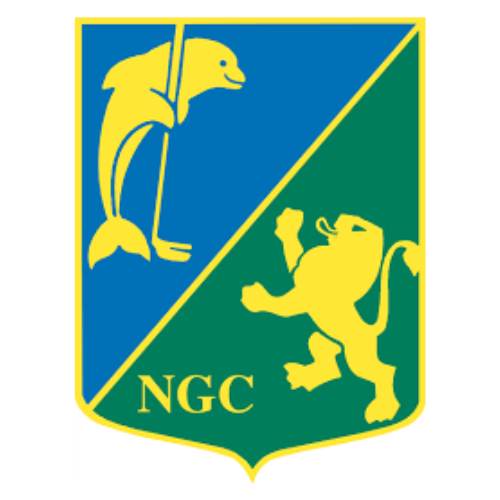 Set of five blue and yellow shield-shaped logos with dolphin and kangaroo silhouettes for NGC organization.